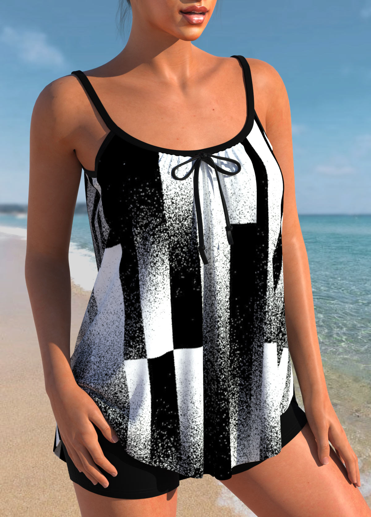 Black Contrast Geometric Print Bowknot Tankini Top-No Bottom