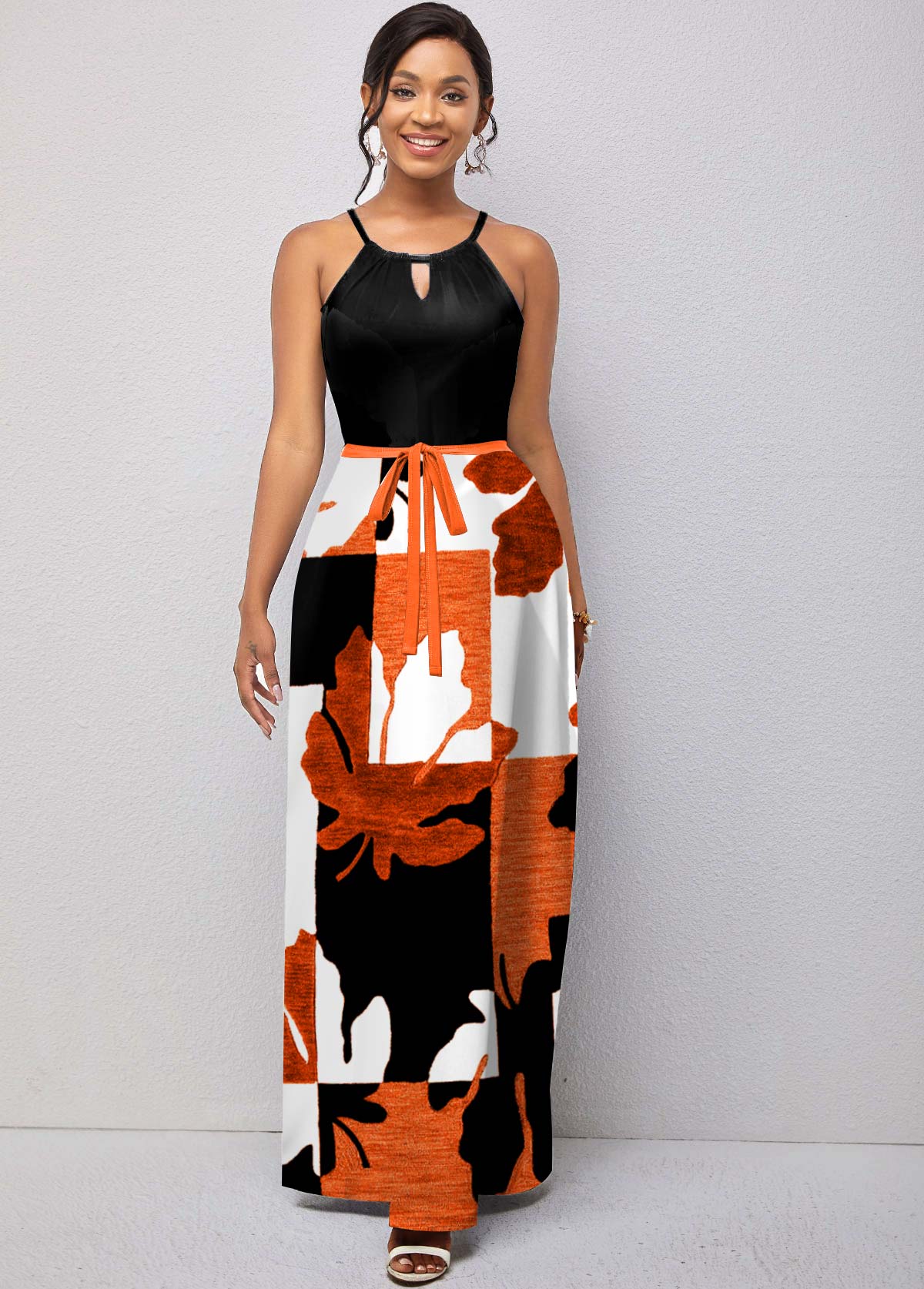 Geometric Print Black Belted Sleeveless Maxi Dress