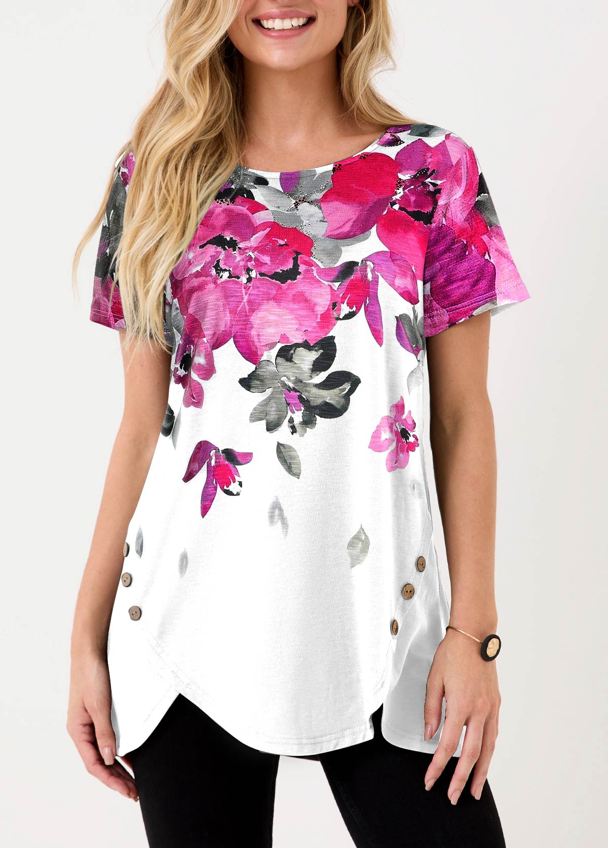 Floral Print White Hot Drilling T Shirt