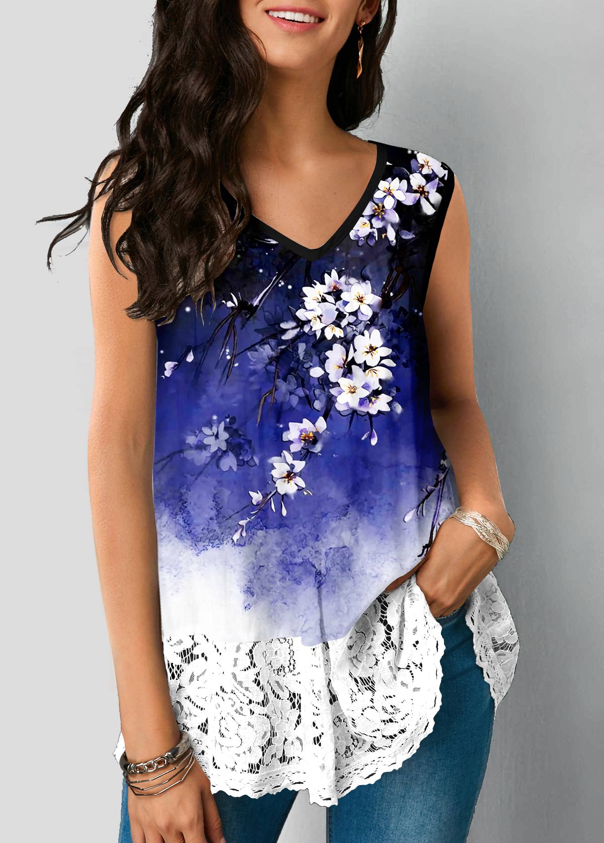 Lace Stitching V Neck Multi Color Tank Top