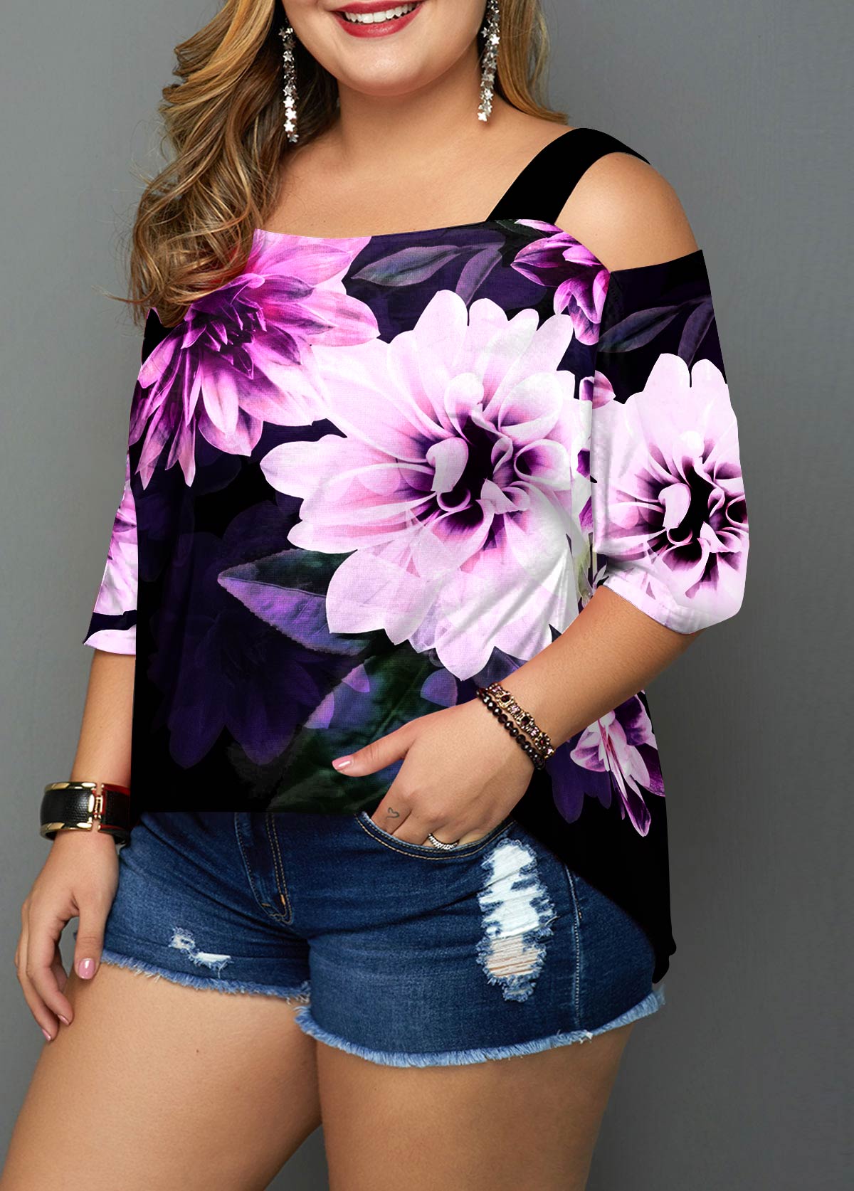 Floral Print Cold Shoulder Plus Size T Shirt