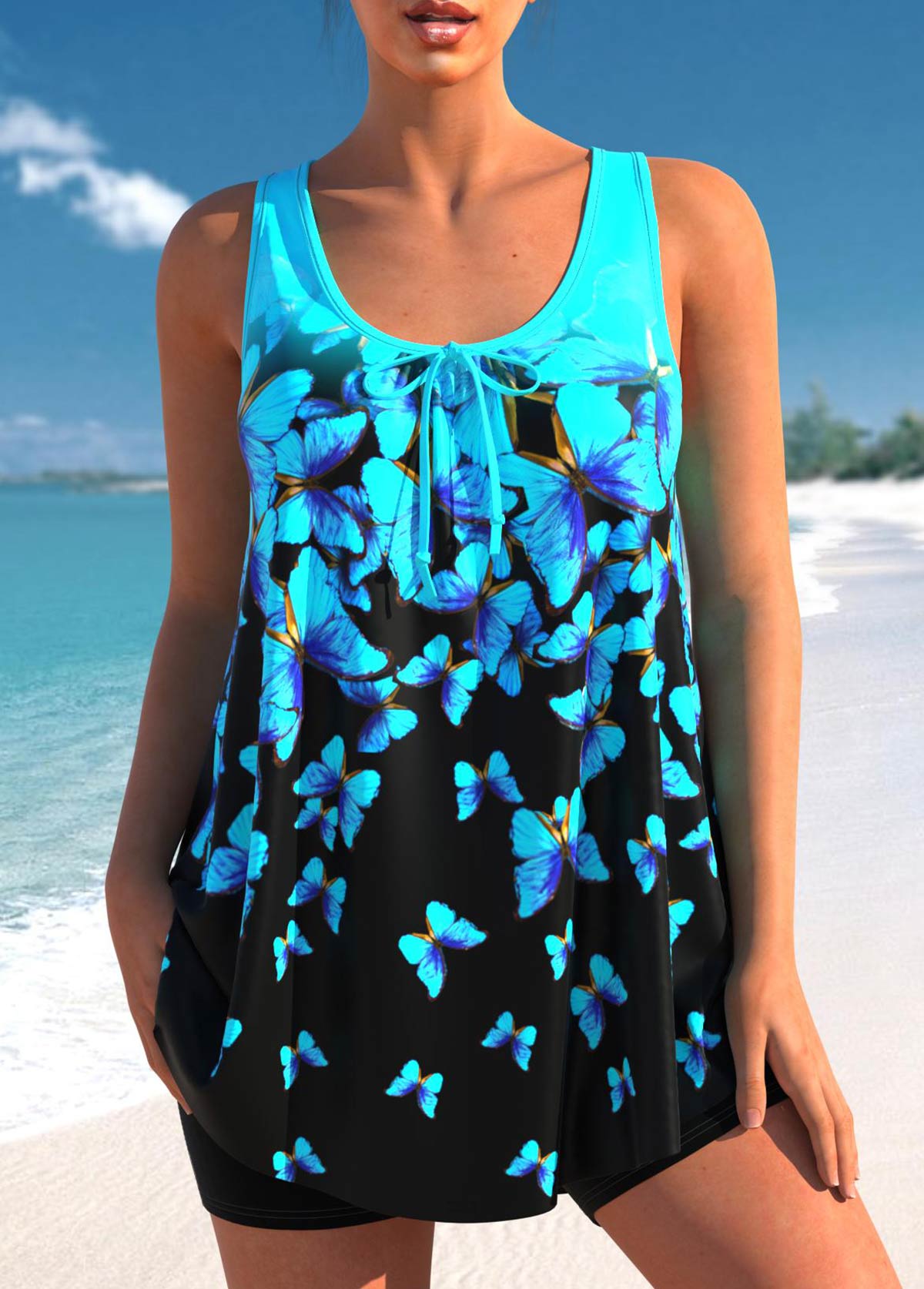 Ombre Cyan Butterfly Print Tankini Top-No Bottom