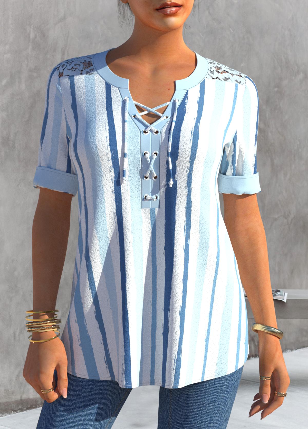 Dusty Blue Stripe Print Lace Patchwork Blouse