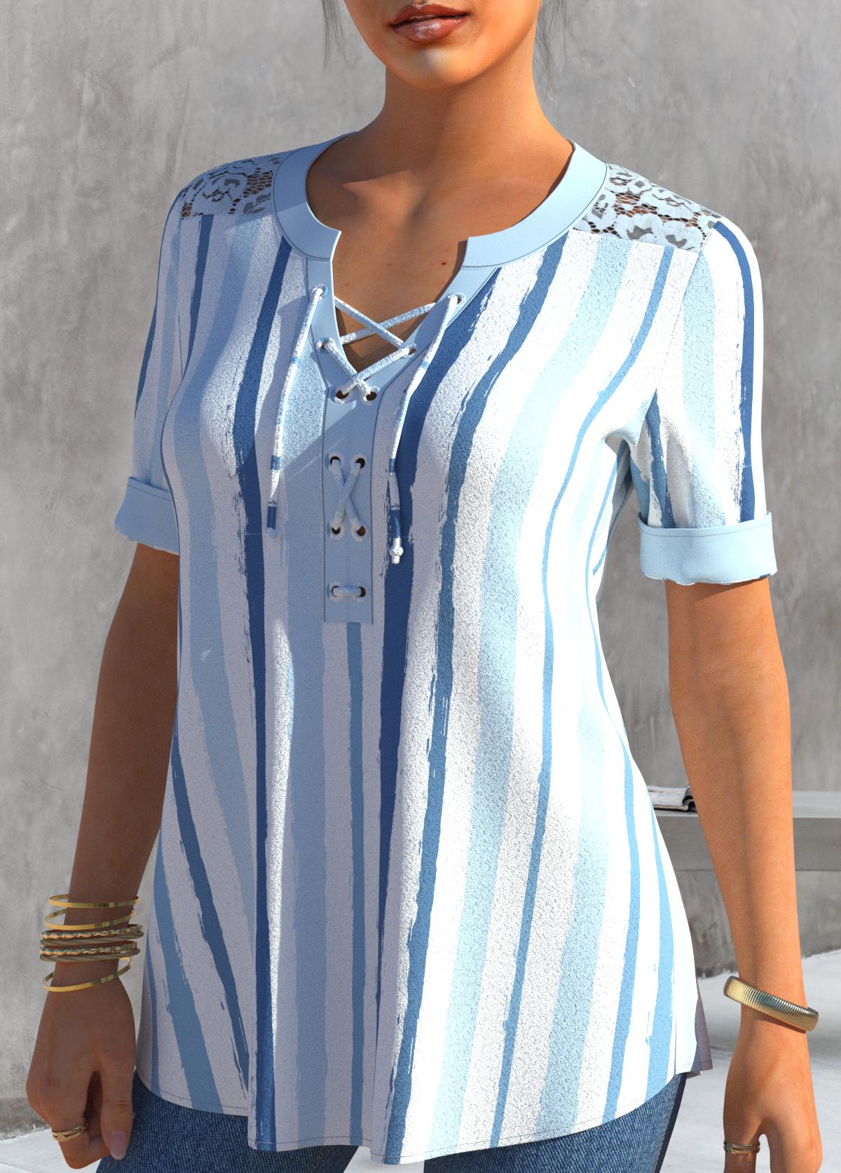 Dusty Blue Stripe Print Lace Patchwork Blouse