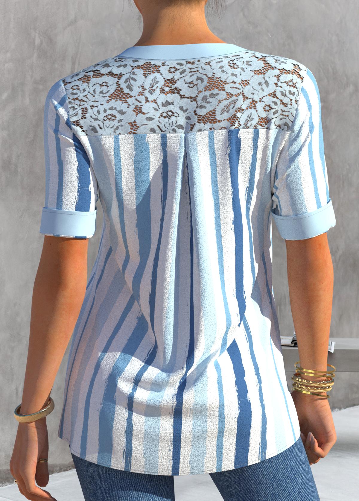 Dusty Blue Stripe Print Lace Patchwork Blouse