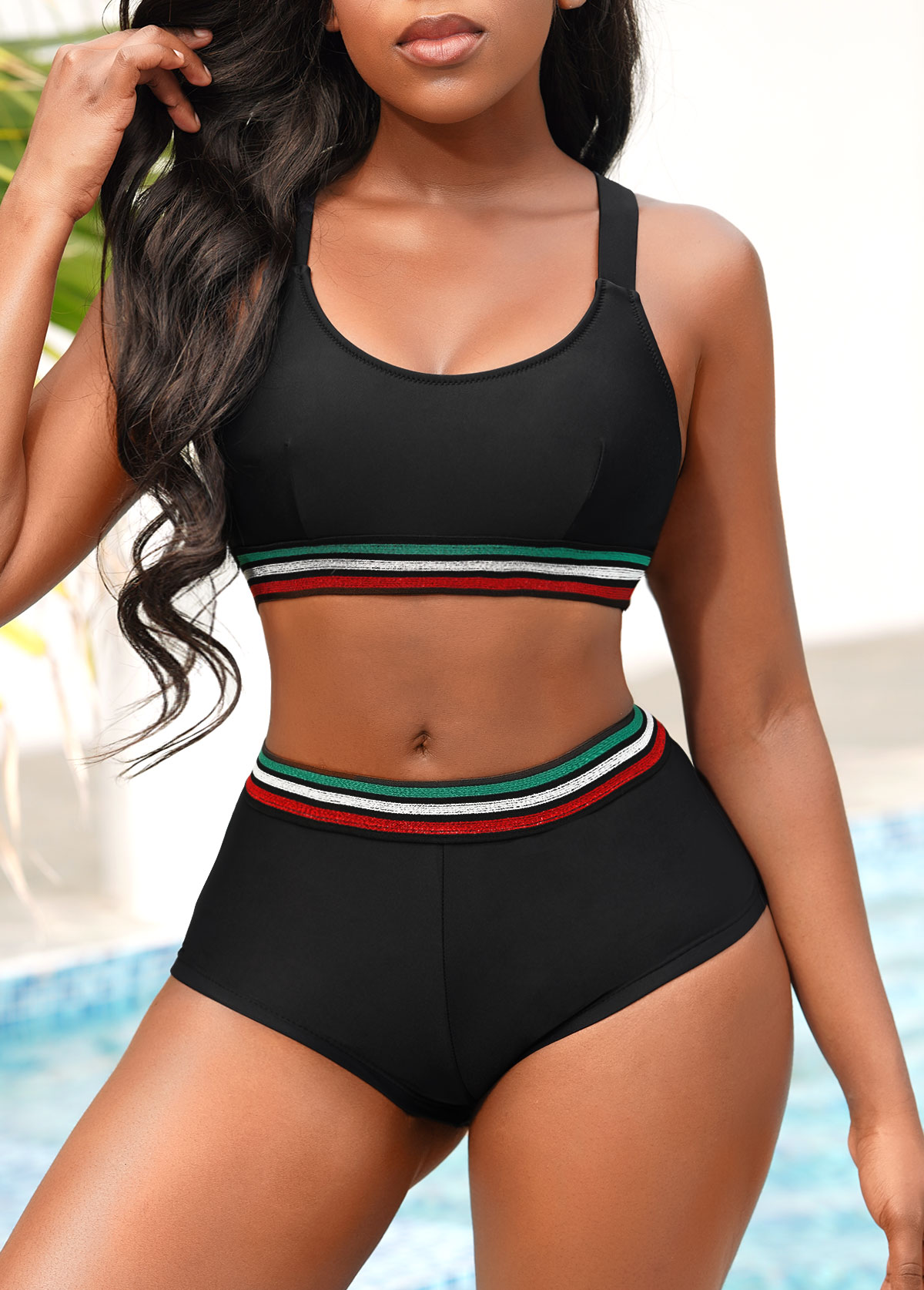 Wide Strap Mid Waist Black Bikini Set