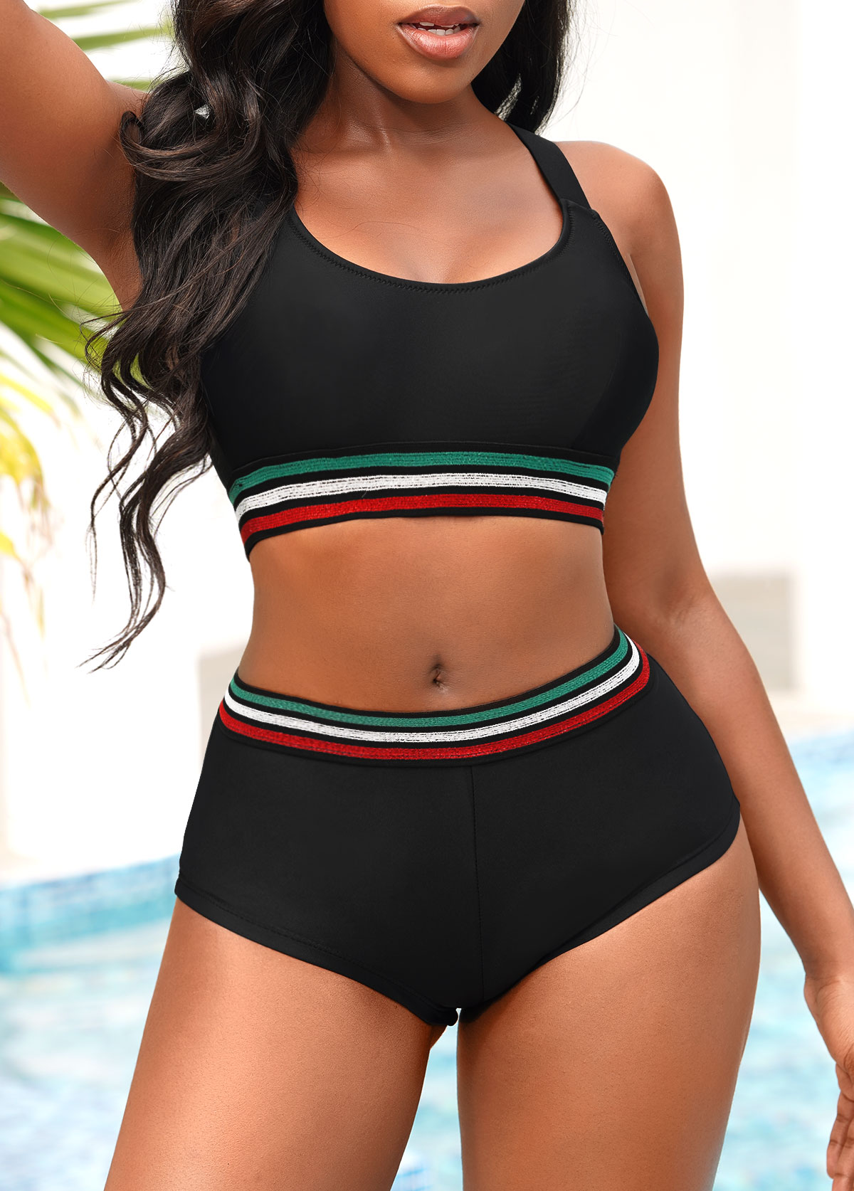 Wide Strap Mid Waist Black Bikini Set