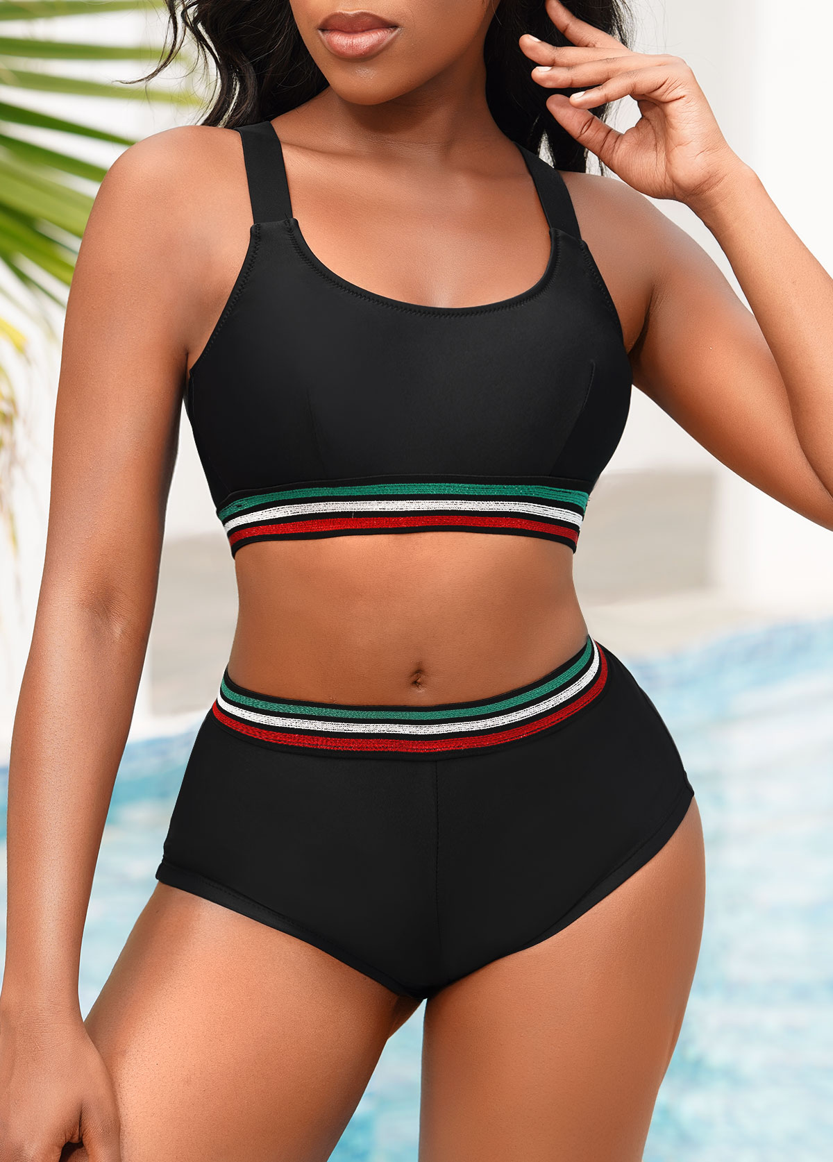 Wide Strap Mid Waist Black Bikini Set