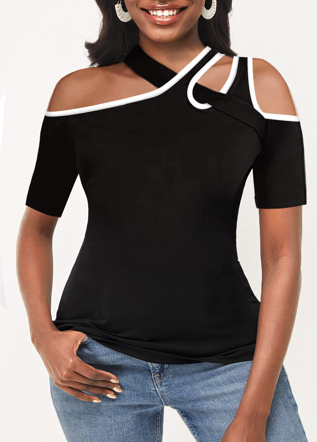 Black Cross Strap Cutout Contrast Stitch T Shirt