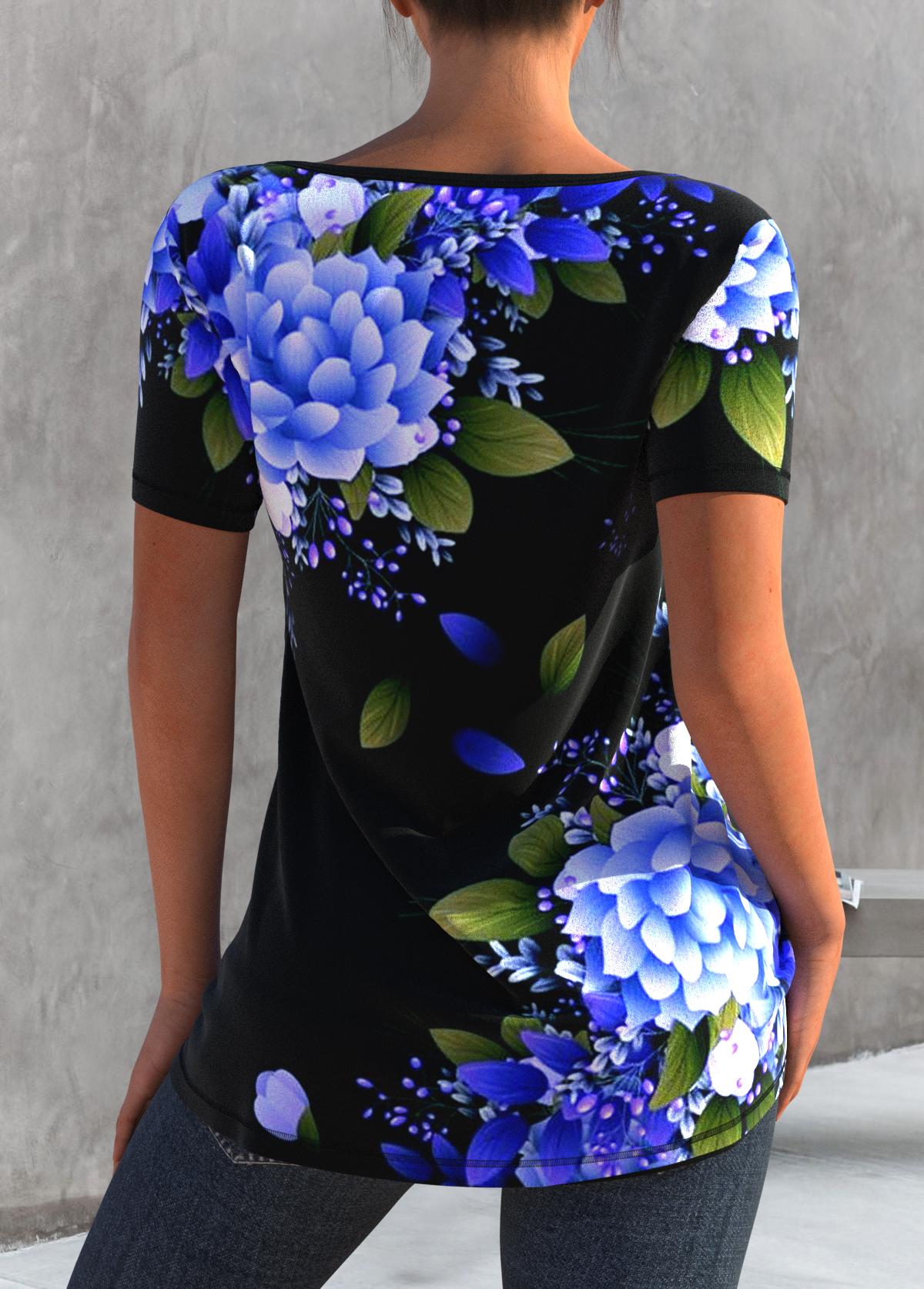 Black Floral Print Cutout T Shirt