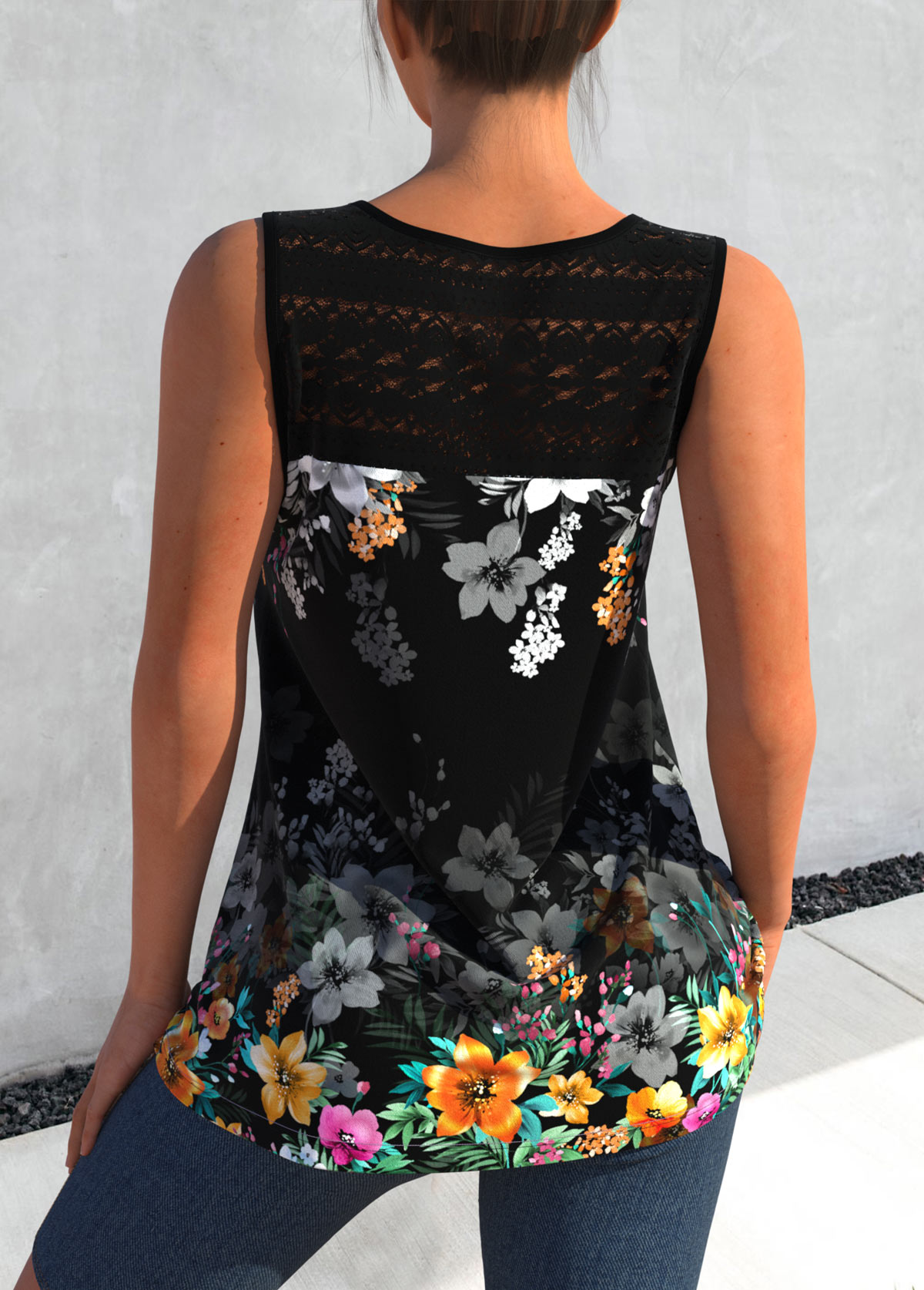 Black Lace Stitching Floral Print Tank Top