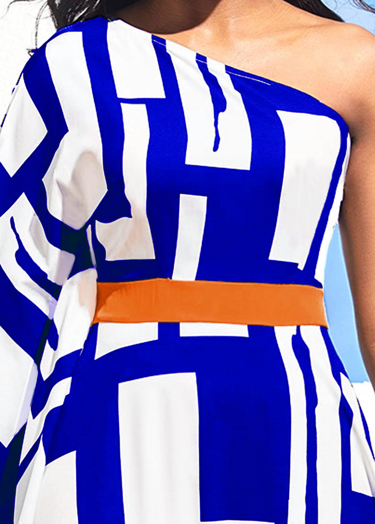 Royal Blue Geometric Print One Shoulder Maxi Dress