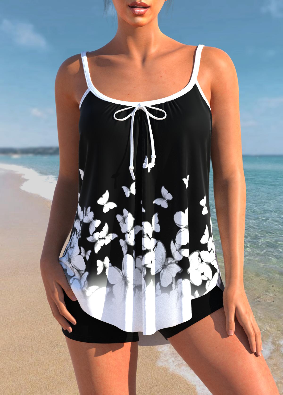 Butterfly Print Bowknot Black Tankini Set