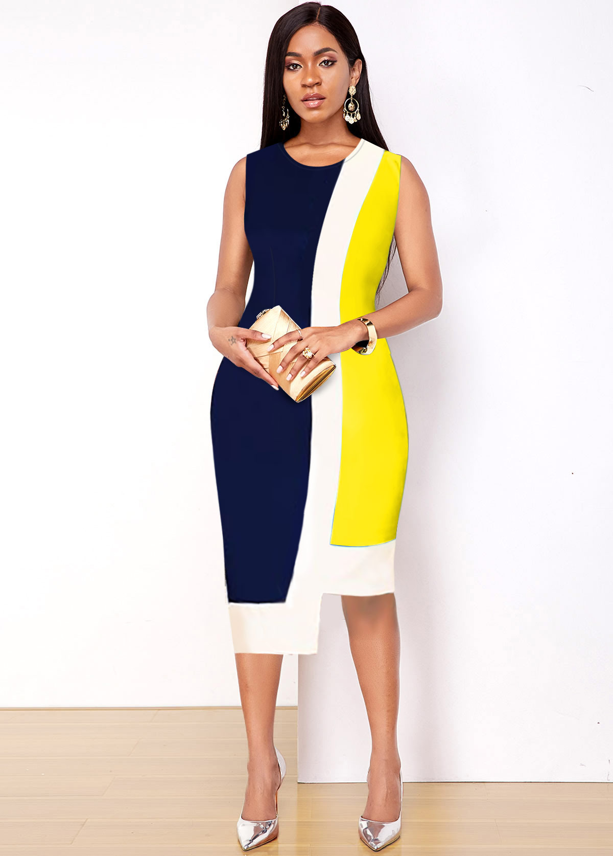 Contrast Asymmetric Hem Yellow Sleeveless Dress