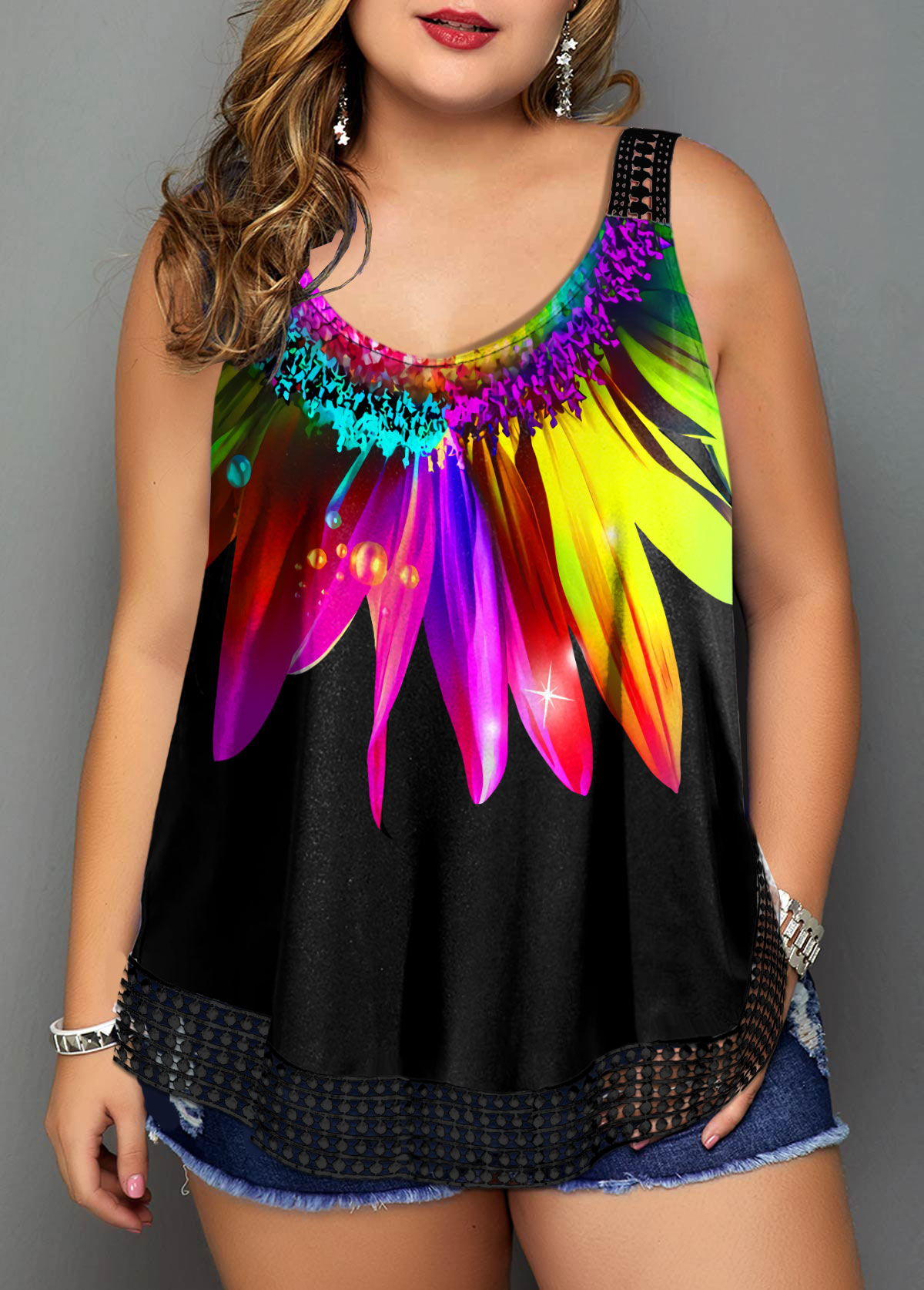 Colorful Plus Size Sunflower Print Tank Top