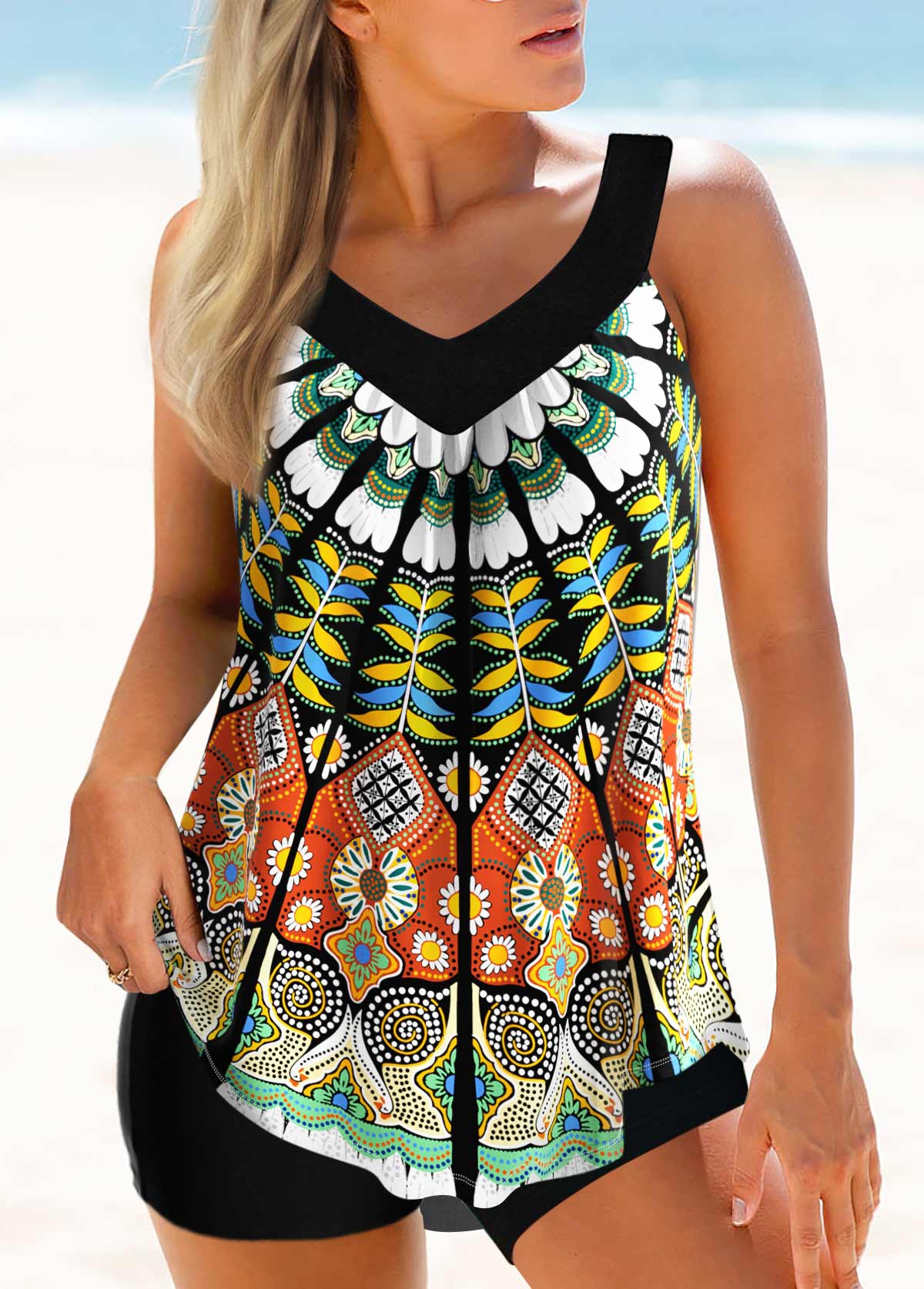 Wide Strap Tribal Print Tankini Set