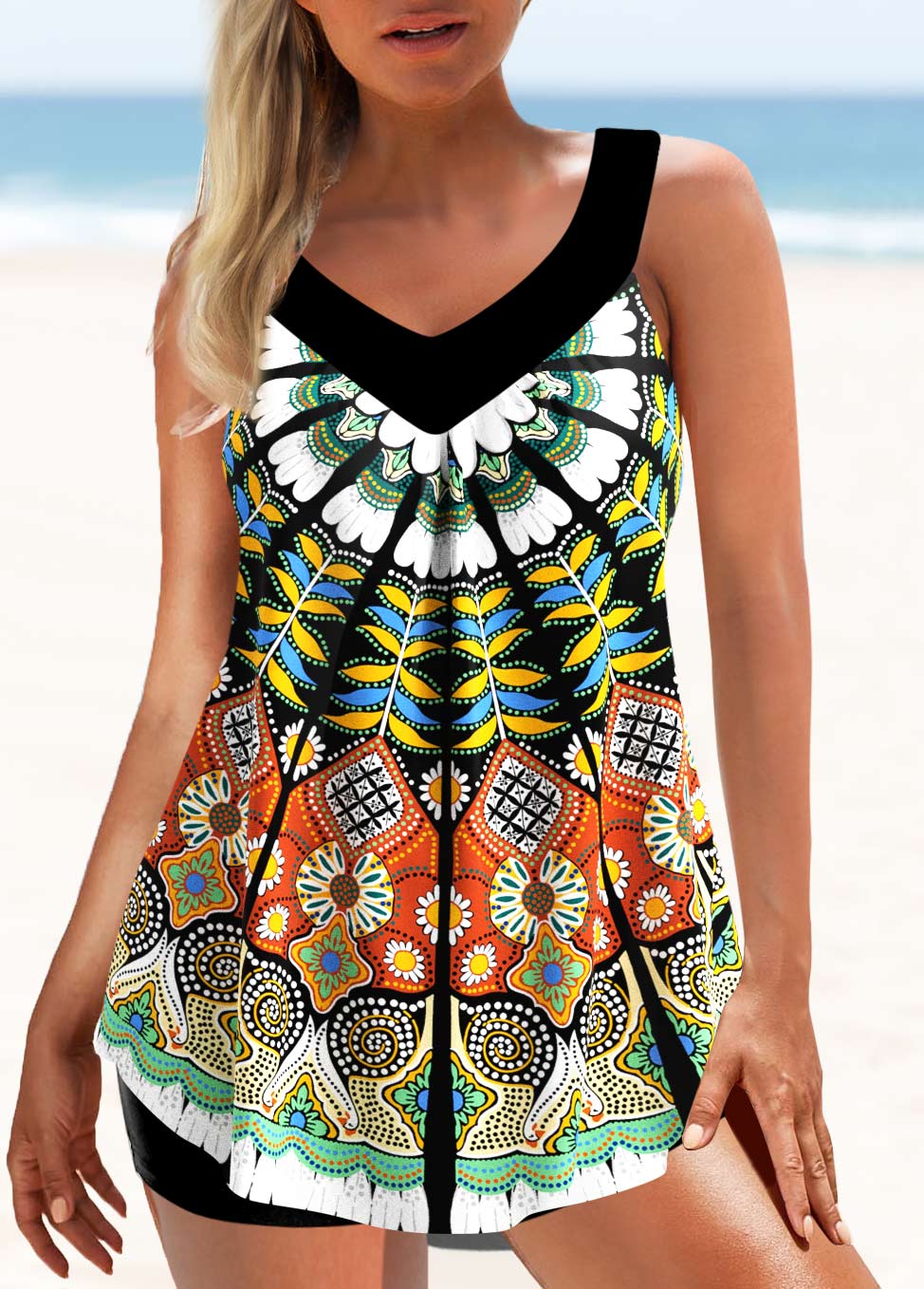 Wide Strap Tribal Print Tankini Set