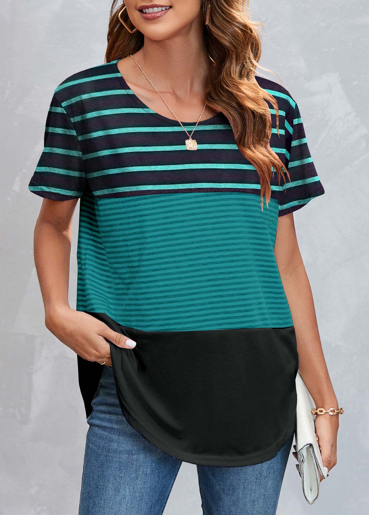 Round Neck Green Striped Short Sleeve T Shirt