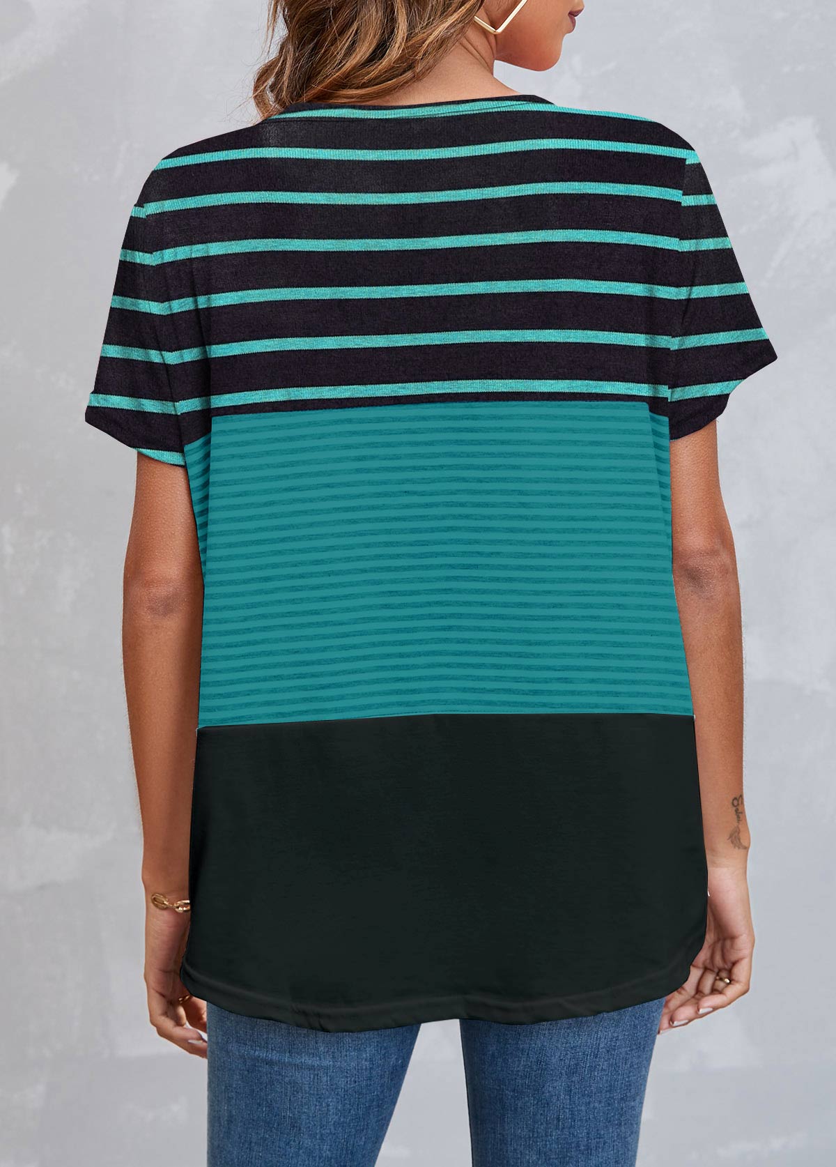 Round Neck Green Striped Short Sleeve T Shirt