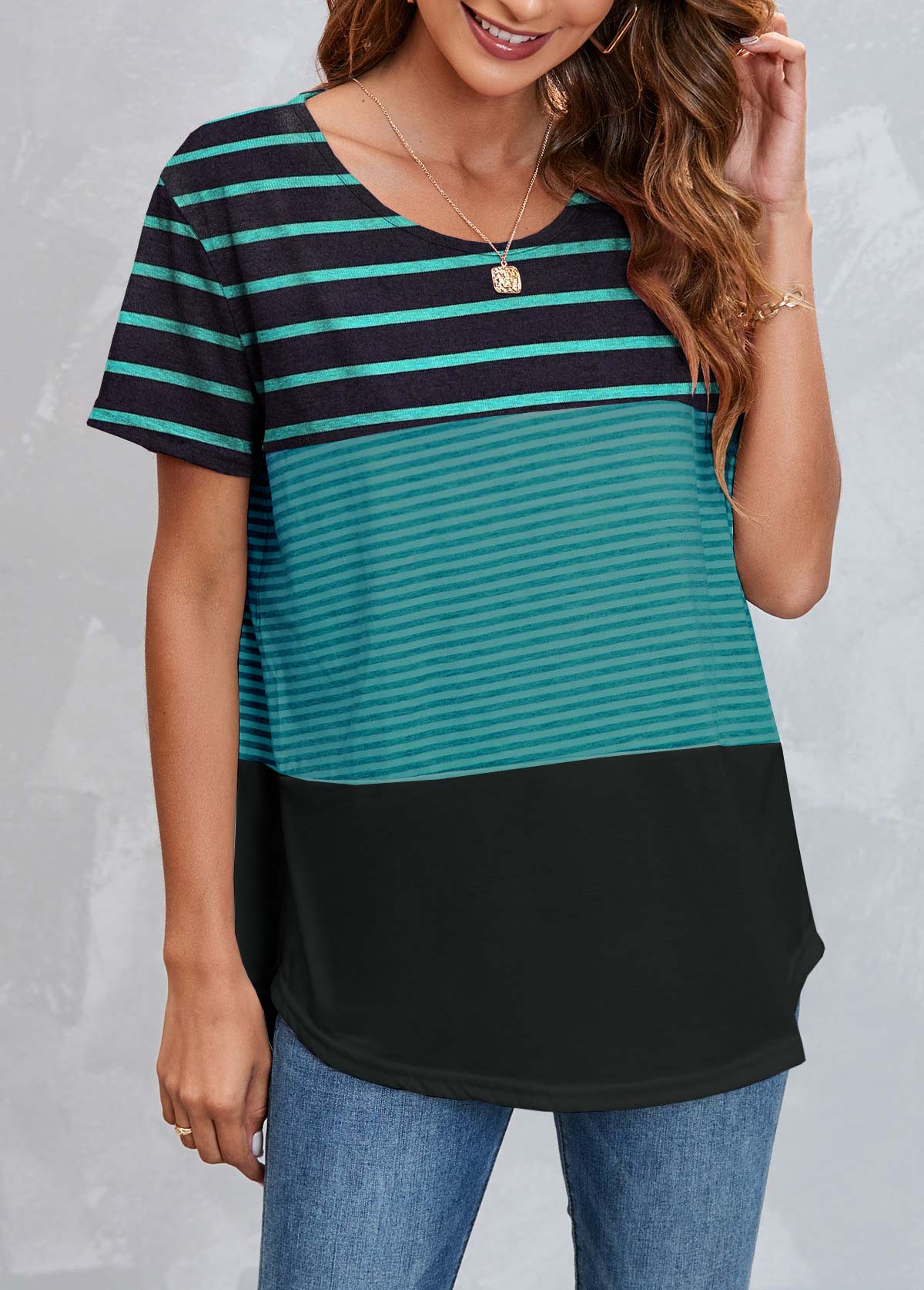 Round Neck Green Striped Short Sleeve T Shirt