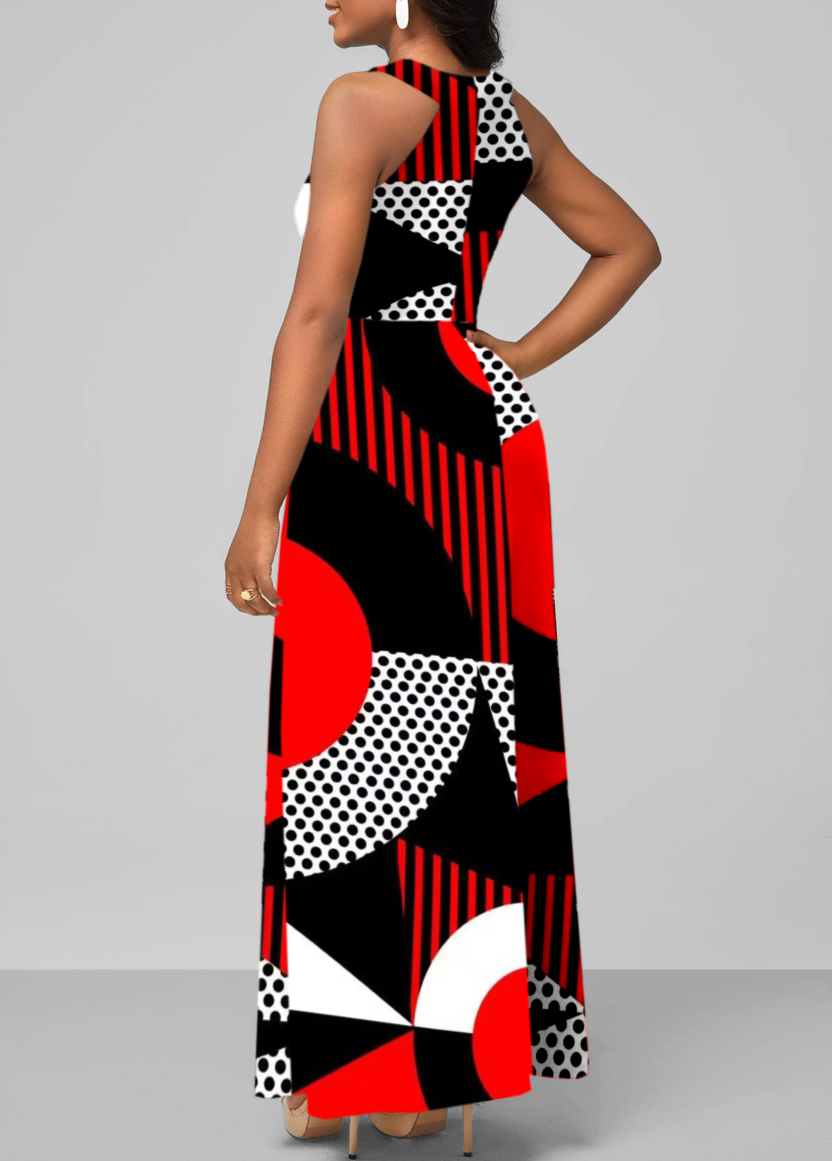 Geometric Print Red Bib Neck Maxi Dress