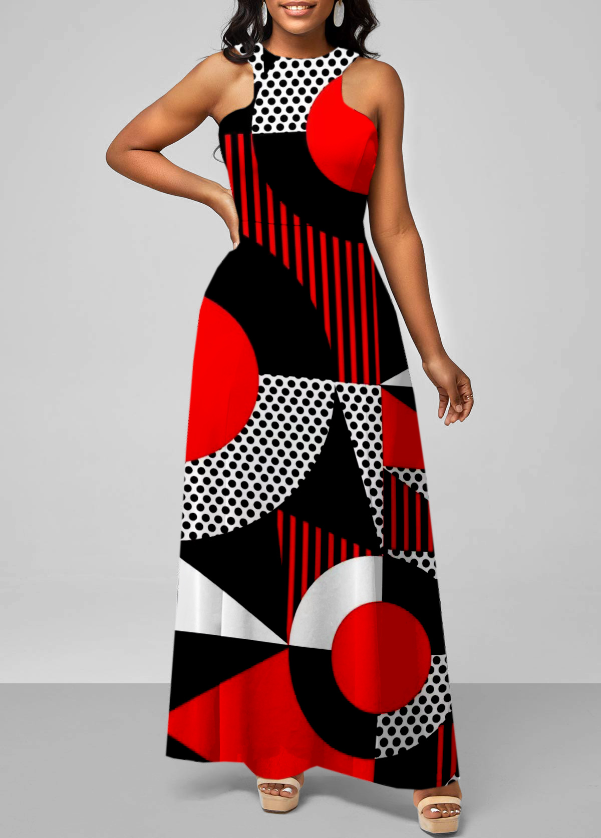 Geometric Print Red Bib Neck Maxi Dress