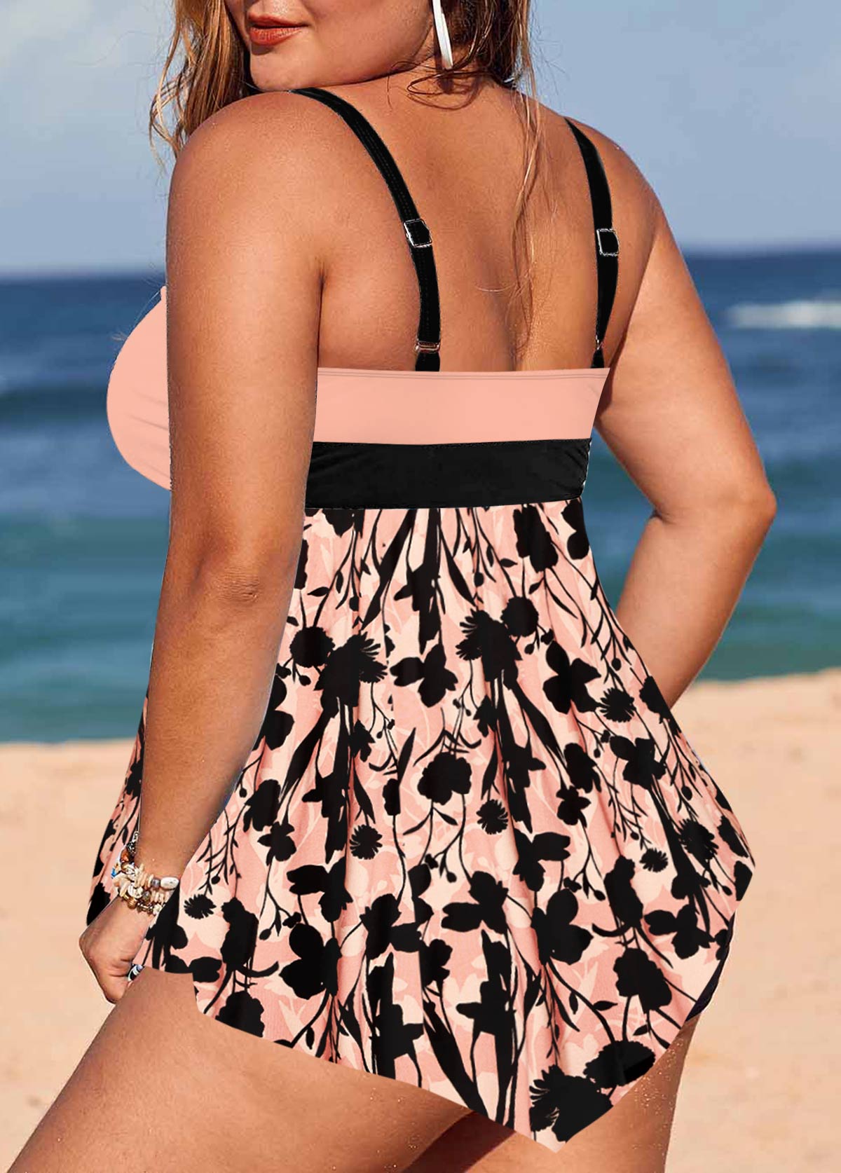 Floral Print Lace Up Pink Swimdress Top-No Bottom