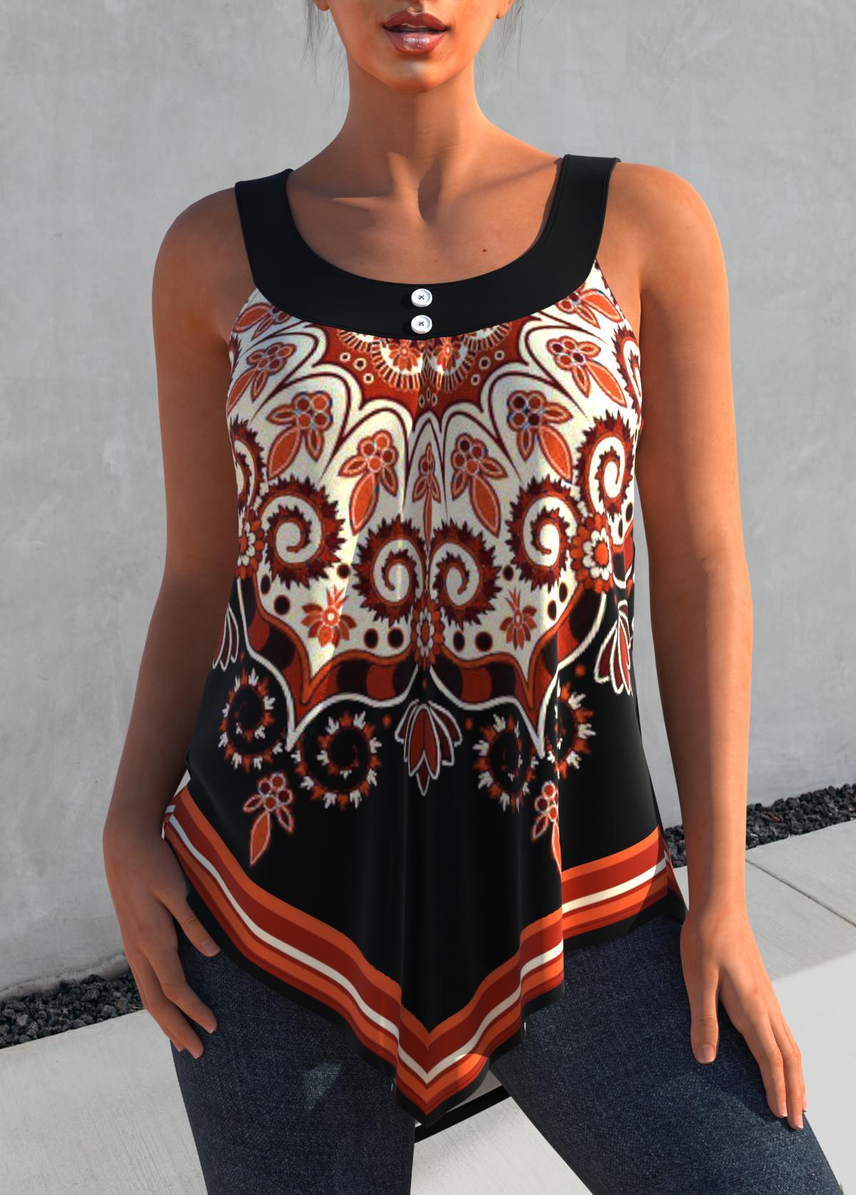 Tribal Print Asymmetric Hem Orange Tank Top