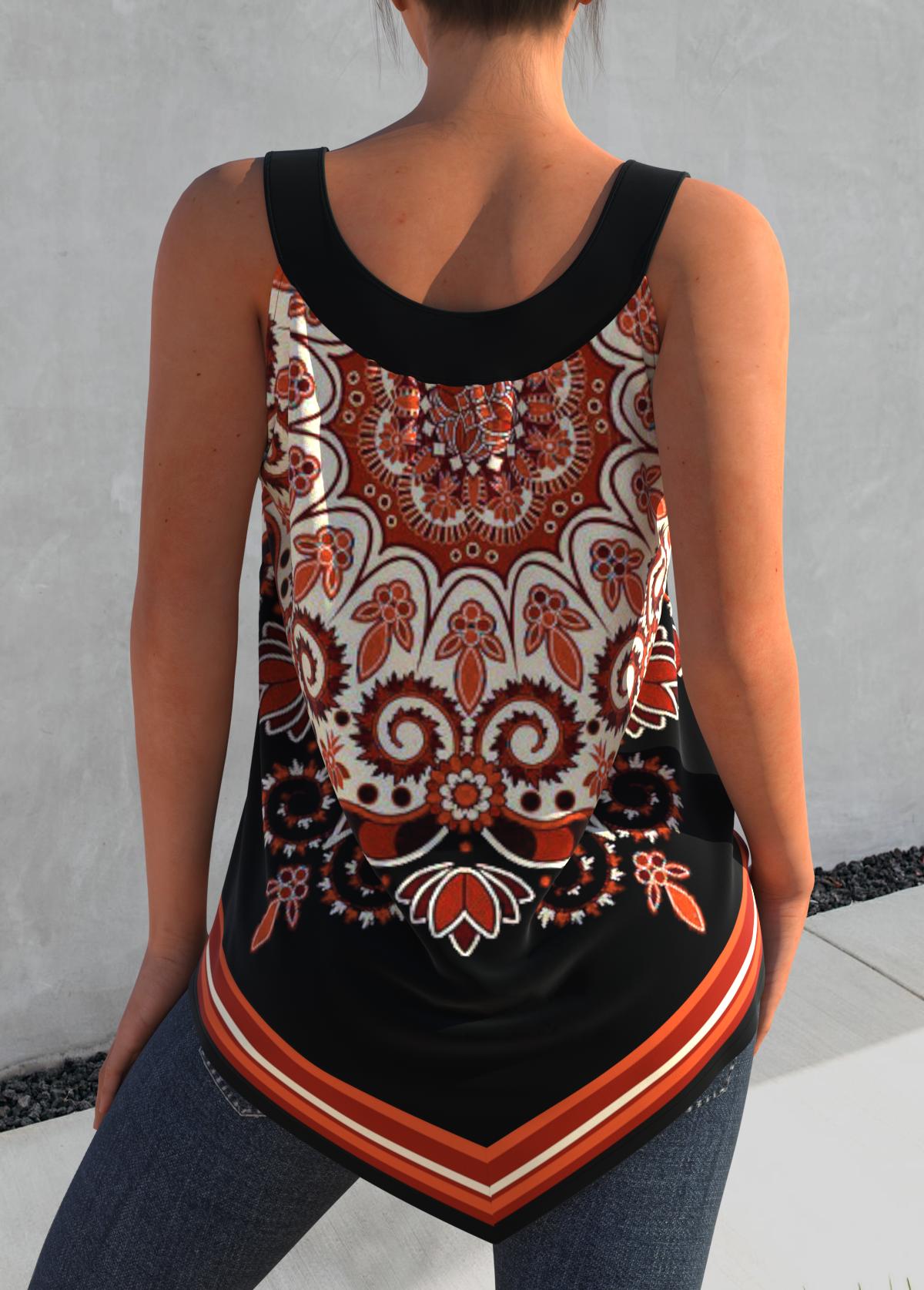 Tribal Print Asymmetric Hem Orange Tank Top