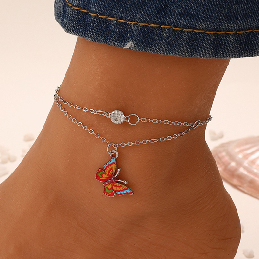 Silver Butterfly Design Rhinestone Detail Anklet