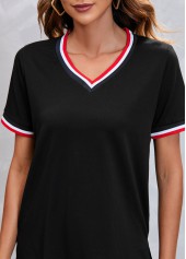 Striped V Neck Black Short Sleeve T Shirt
