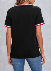 Striped V Neck Black Short Sleeve T Shirt