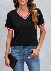 Striped V Neck Black Short Sleeve T Shirt