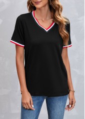 Striped V Neck Black Short Sleeve T Shirt
