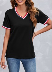 Striped V Neck Black Short Sleeve T Shirt