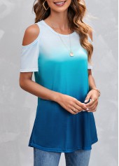Cold Shoulder Ombre Blue T Shirt