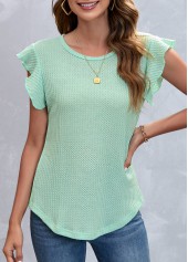 Green Ruffle Sleeve Round Neck T Shirt