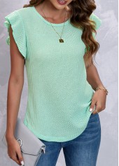 Green Ruffle Sleeve Round Neck T Shirt