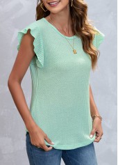 Green Ruffle Sleeve Round Neck T Shirt