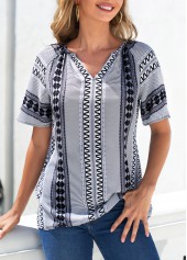 Tribal Print Grey Split Neck Blouse