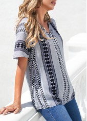 Tribal Print Grey Split Neck Blouse