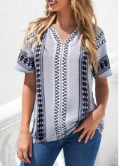 Tribal Print Grey Split Neck Blouse