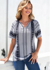 Tribal Print Grey Split Neck Blouse