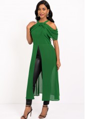 Cold Shoulder Front Slit Green Blouse