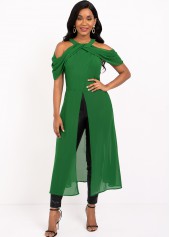 Cold Shoulder Front Slit Green Blouse