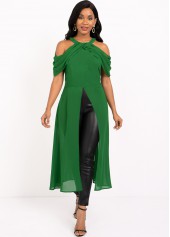 Cold Shoulder Front Slit Green Blouse