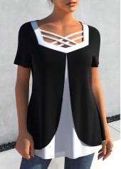 Cross Strap Contrast Black T Shirt