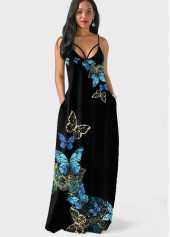 Black Butterfly Print Spaghetti Strap Dress