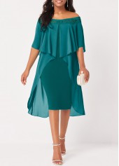 Off Shoulder Lace Stitching Flounce Turquoise Dress