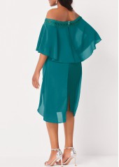 Off Shoulder Lace Stitching Flounce Turquoise Dress